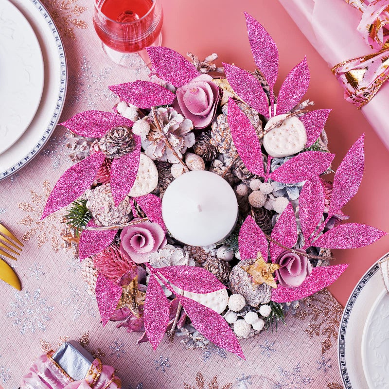 Winlyn 20 Pcs Pink Glitter Bay Leaf Sprays Artificial Christmas Tree Picks Sprays 12.7"" Tall for Pink Christmas Tree Wreath Swag Floral Arrangement Winter Wedding Bouquet Centerpiece Decoration - Image 4