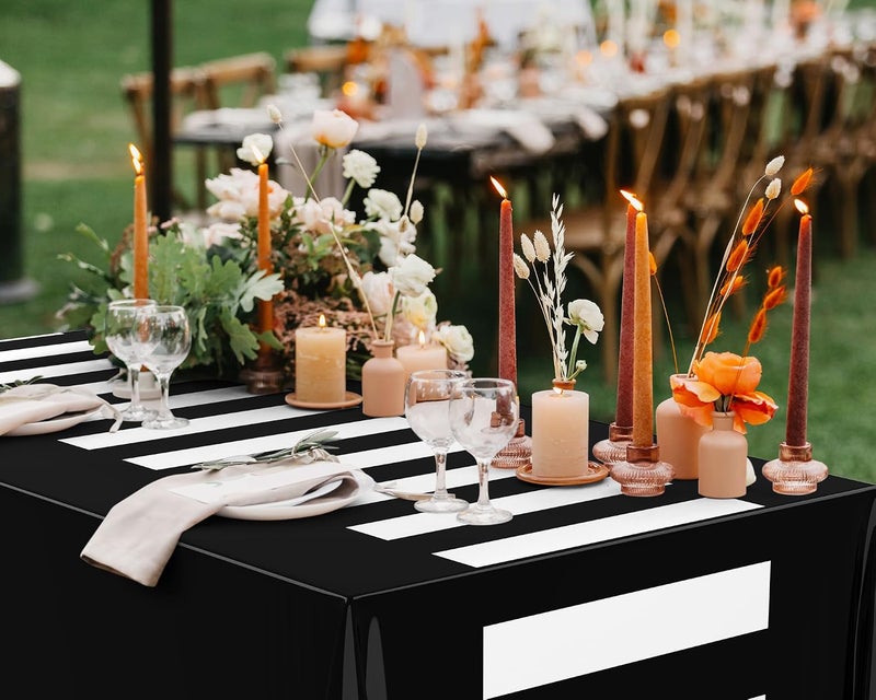 Oudain 6 Pcs Striped Tablecloth 108 x 54 Inch Disposable Plastic Table Cloth Waterproof Tablecloth Rectangle Table Cover for Birthday Wedding Bridal Party Supplies (Black White Horizontal Stripes) - Image 4