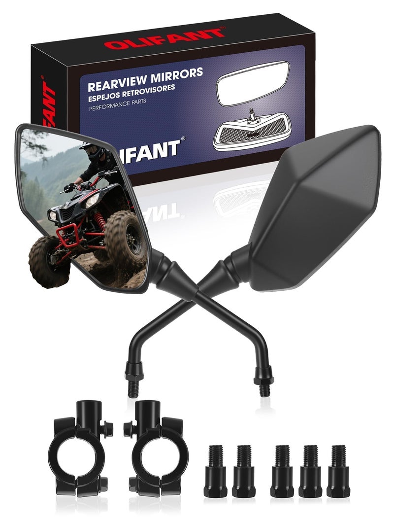OLIFANT Motorcycle Mirrors Side Rearview Mirror for ATV Scooter Moped Cruiser 8mm/10mm Adapters&7/8" Handlebar Mount,for Polaris Sportsman Yamaha Grizzly Honda Rincon Arctic Cat - Image 1