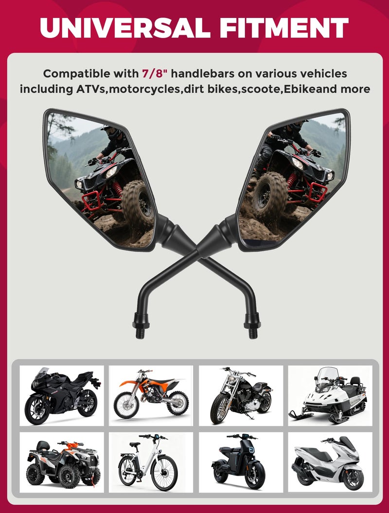 OLIFANT Motorcycle Mirrors Side Rearview Mirror for ATV Scooter Moped Cruiser 8mm/10mm Adapters&7/8" Handlebar Mount,for Polaris Sportsman Yamaha Grizzly Honda Rincon Arctic Cat - Image 4
