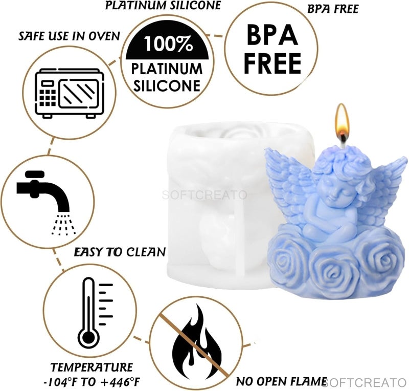 SOFTCREATO Baby Angel Candle Mold I 3D Fondant Shell Rose Angels Fairy wings Shape Silicone Scented Epoxy Mould I for DIY Handmade Ornament Cake Décor Aromatherapy Soap Resin Art Craft Making Home Decoration - Image 2