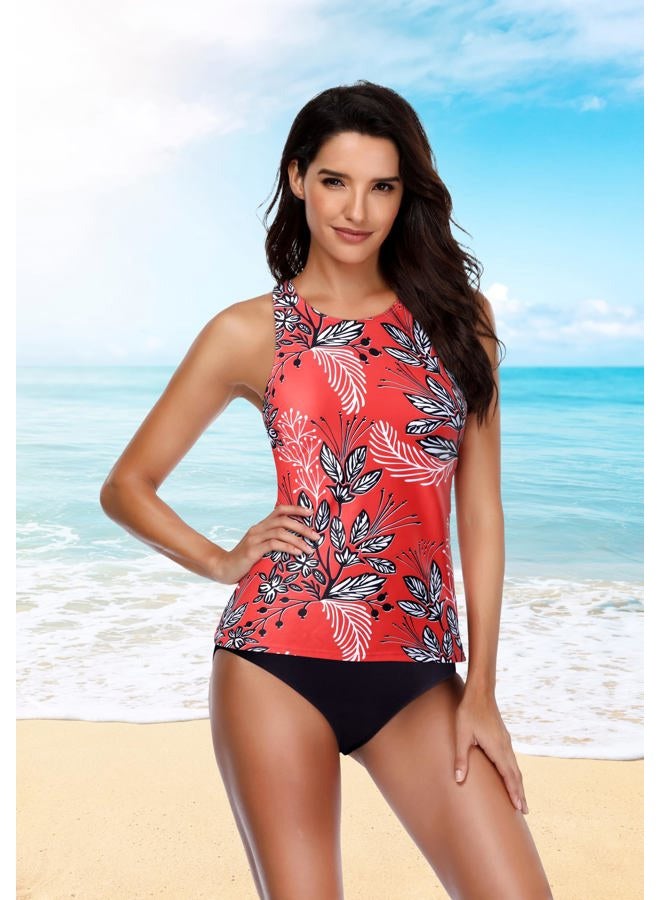 Holipick Two Piece Tankini Swimsuits for Women Tummy Control Bathing Suits High Neck Halter Swim Tank Top with Shorts, Red, L - Image 2