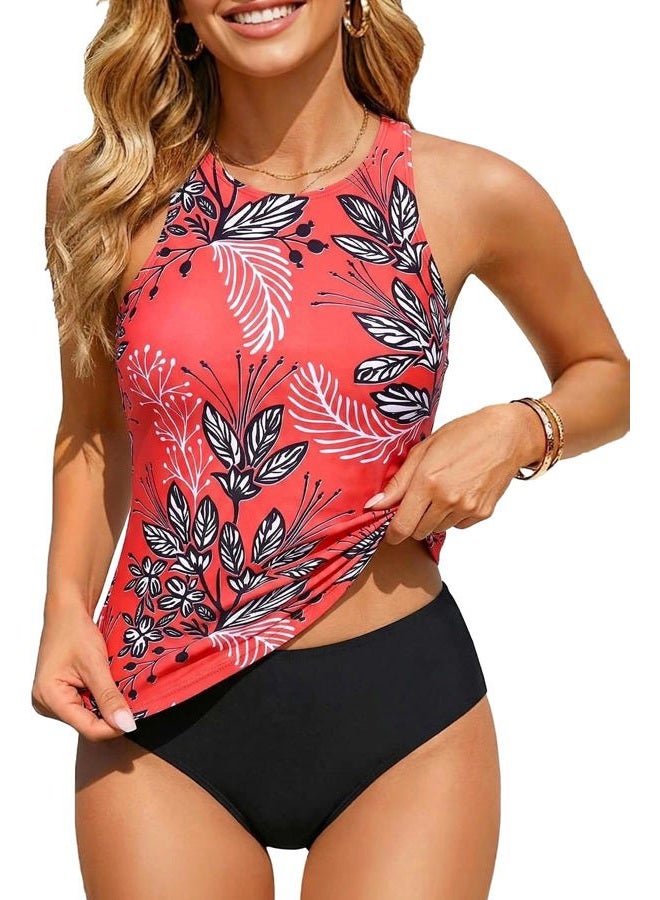 Holipick Two Piece Tankini Swimsuits for Women Tummy Control Bathing Suits High Neck Halter Swim Tank Top with Shorts, Red, L - Image 1