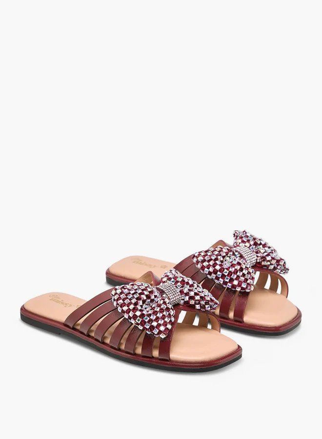 Little Missy Girls Embellished Bow Accent Slip-On Flat Sandals