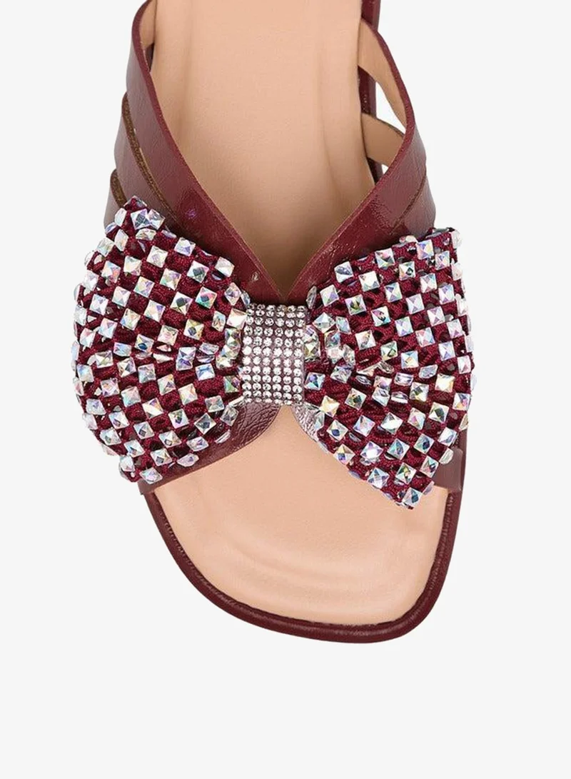 Little Missy BURGUNDY Girls Embellished Bow Accent Slip-On Flat Sandals for Women | Best Price UAE