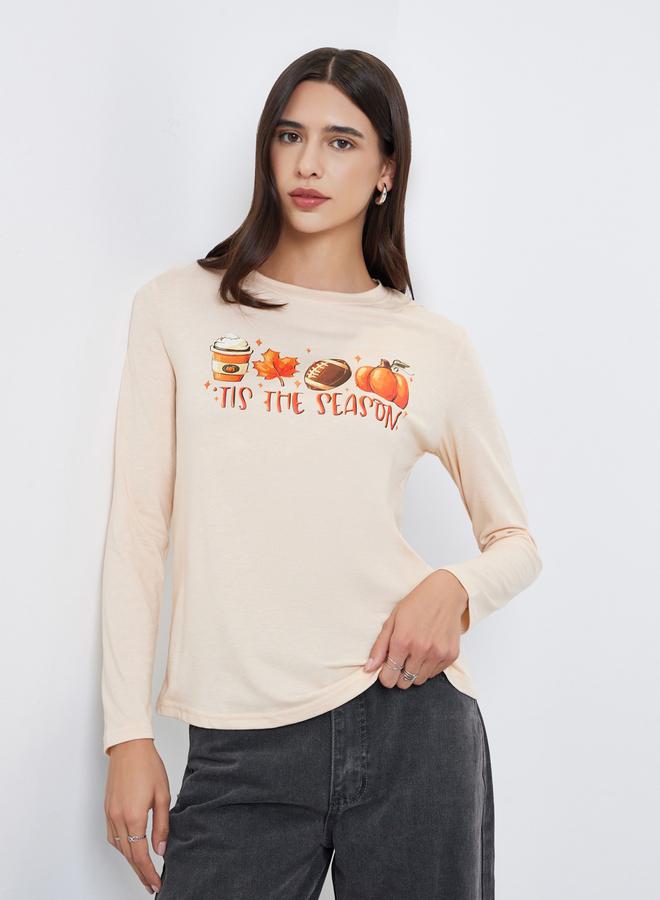 Take Two Beige Tis The Season Graphic Print T-Shirt - Image 1