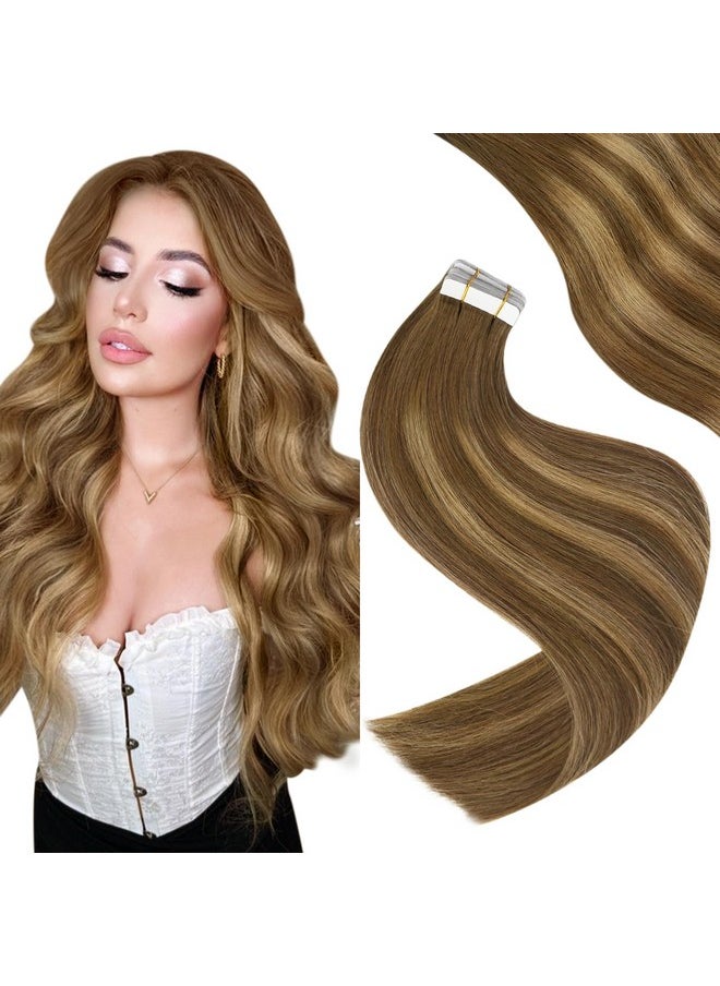 Easyouth - Tape In Extensions Real Human Hair Balayage Tape In Hair Extensions Dark Brown Fading To Strawberry Blonde Remy Tape On Human Hair Extensions Seamless 18Inch 40G 20Pcs - Image 1