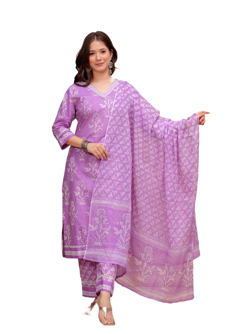 MEERA FAB Women's Cotton Blend Straight Printed Kurta with Palazzo & Dupatta, Large, Purple - Image 1