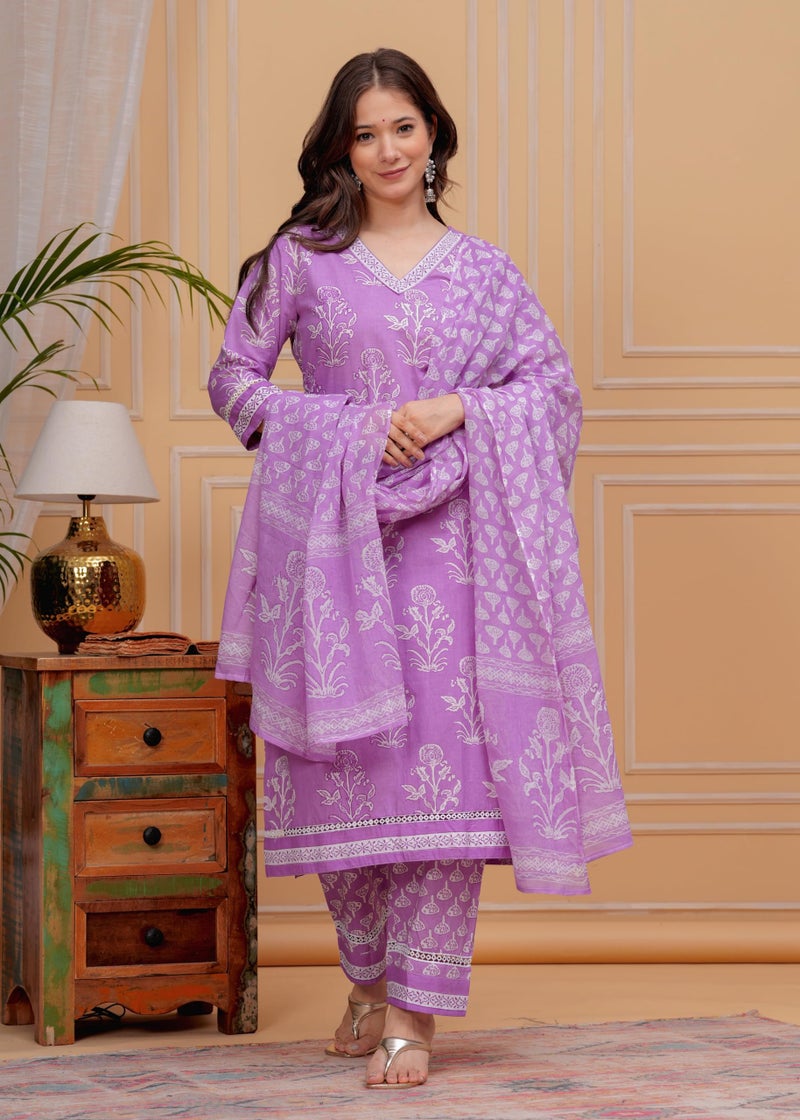 MEERA FAB Women's Cotton Blend Straight Printed Kurta with Palazzo & Dupatta, Large, Purple - Image 5