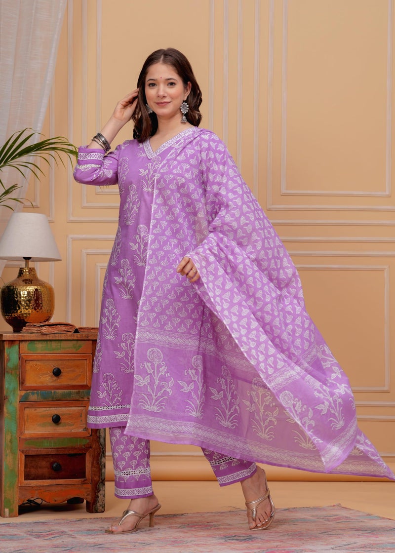 MEERA FAB Women's Cotton Blend Straight Printed Kurta with Palazzo & Dupatta, Large, Purple - Image 3