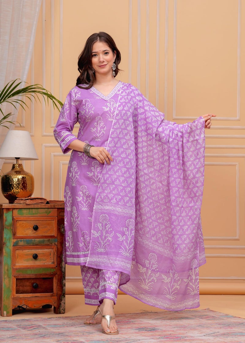 MEERA FAB Women's Cotton Blend Straight Printed Kurta with Palazzo & Dupatta, Large, Purple - Image 2
