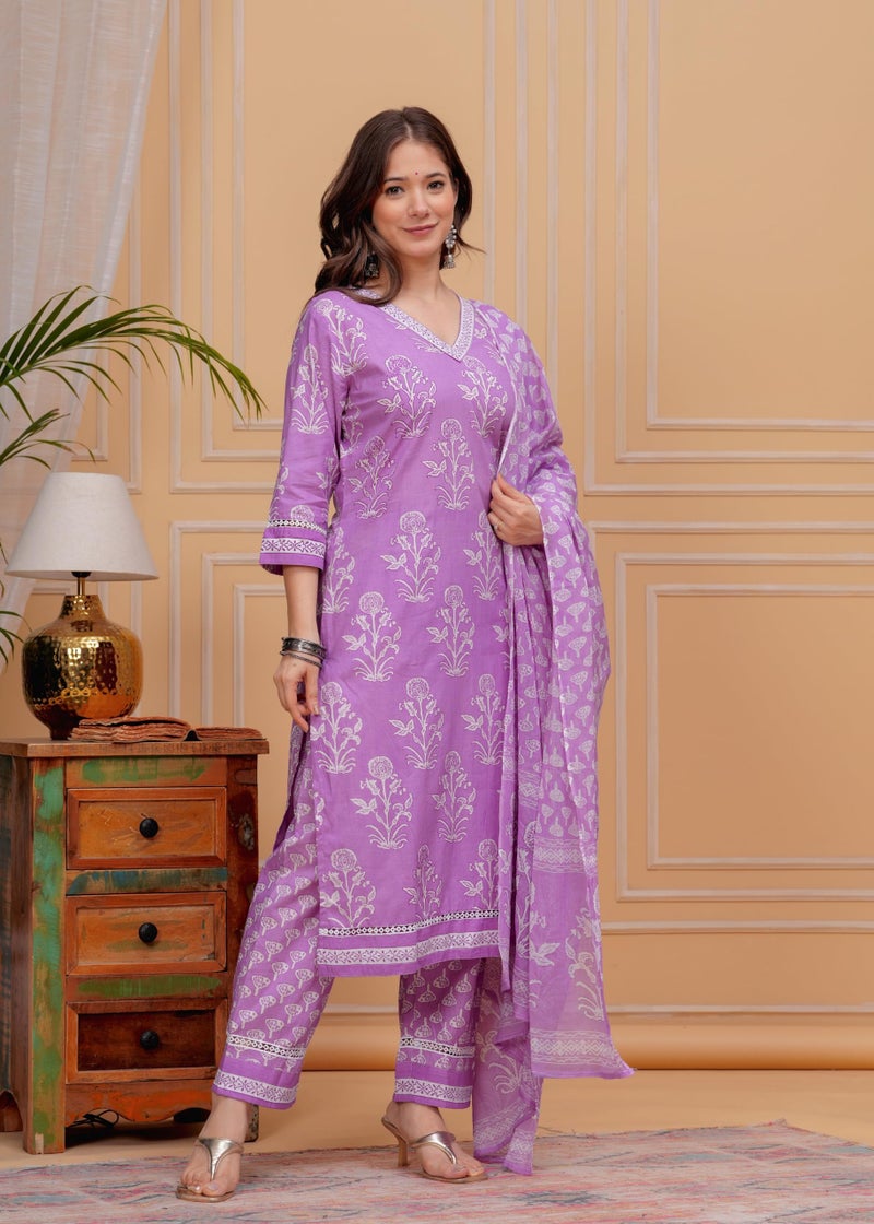 MEERA FAB Women's Cotton Blend Straight Printed Kurta with Palazzo & Dupatta, Large, Purple - Image 4