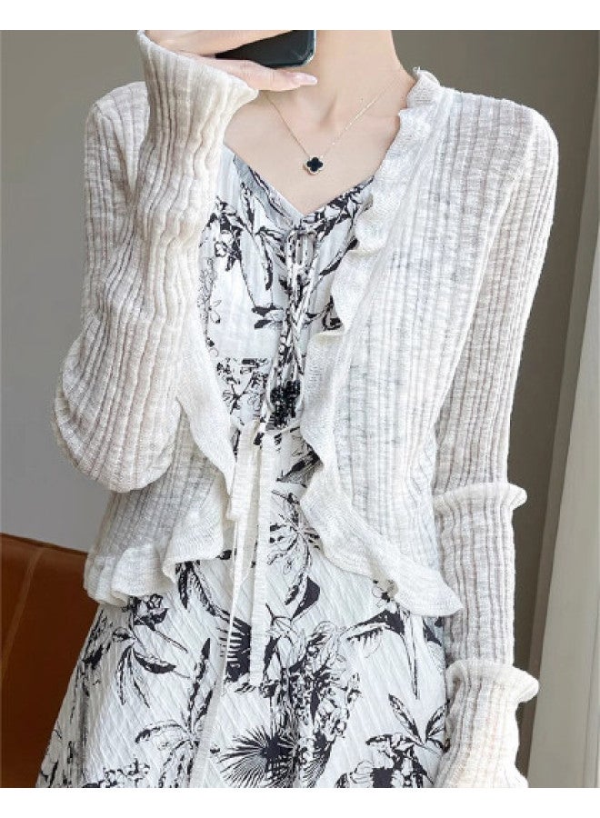 Modal Summer Lightweight Lace Edge Aurora Wind Knitted Cardigan Solid Color Short Outerwear Blouse For Women - Image 1