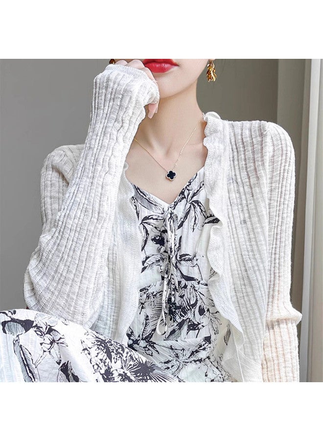 Modal Summer Lightweight Lace Edge Aurora Wind Knitted Cardigan Solid Color Short Outerwear Blouse For Women - Image 4