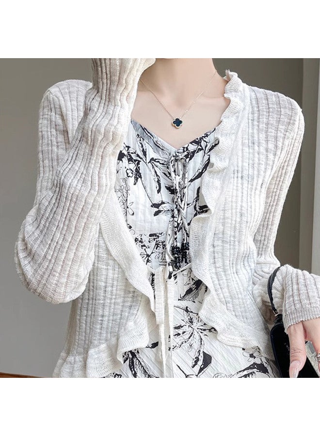 Modal Summer Lightweight Lace Edge Aurora Wind Knitted Cardigan Solid Color Short Outerwear Blouse For Women - Image 2