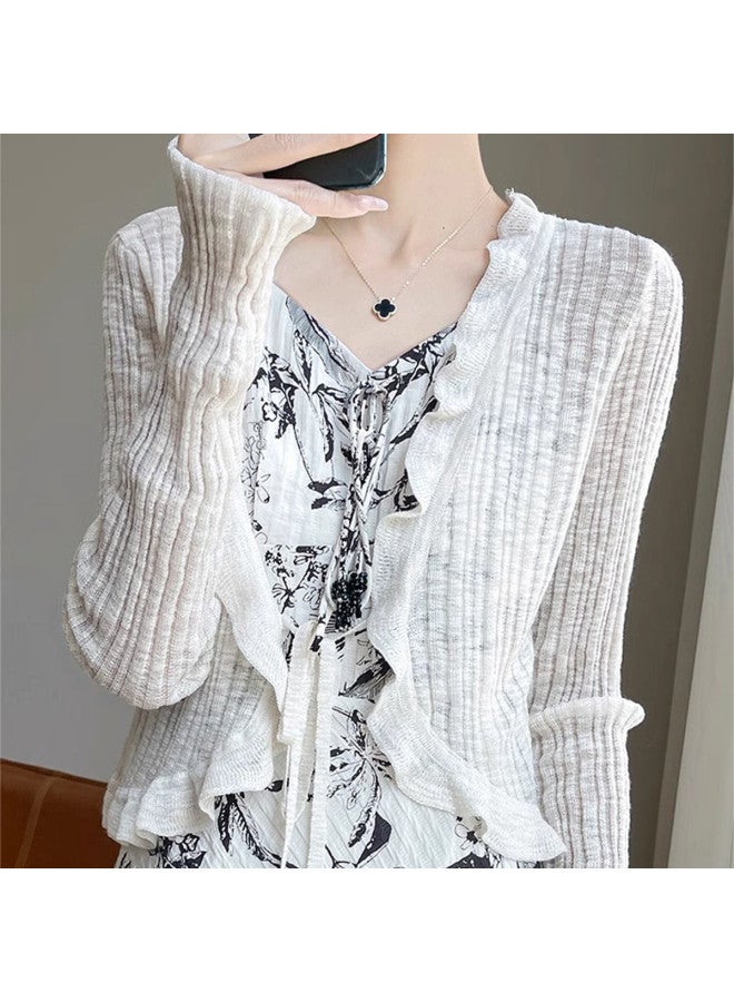 Modal Summer Lightweight Lace Edge Aurora Wind Knitted Cardigan Solid Color Short Outerwear Blouse For Women - Image 3