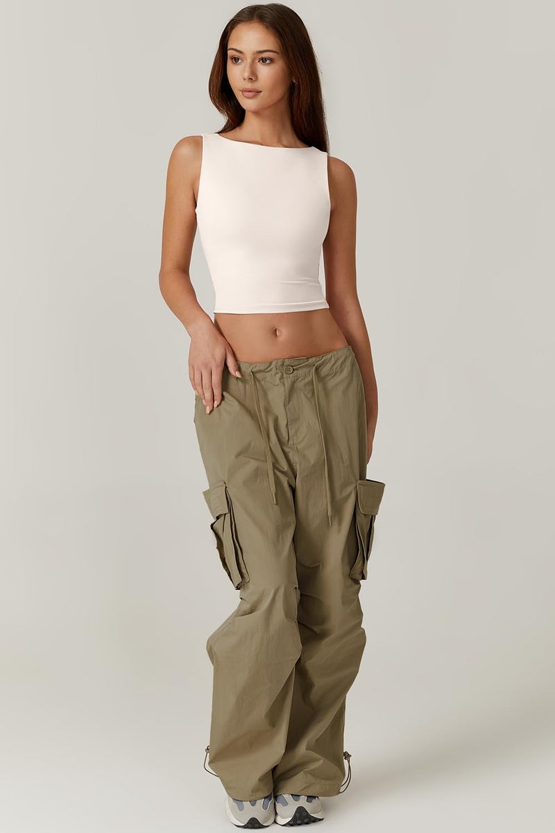 QINSEN Sleeveless Top for Womens Open Back High Neck Tee Shirt Night Out Summer Tank Beige XS - Image 4
