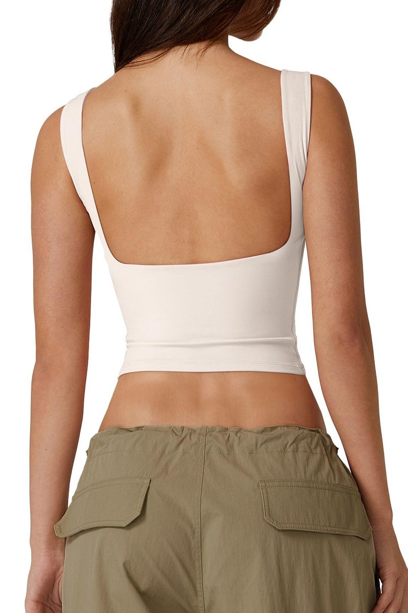 QINSEN Sleeveless Top for Womens Open Back High Neck Tee Shirt Night Out Summer Tank Beige XS - Image 1