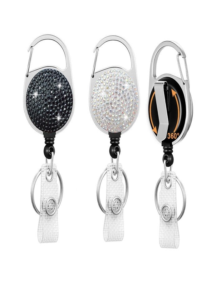 HASFINE 2 Pack Retractable Badge Reel with 360°Rotating Carabiner Belt Clip and Key Ring - Sparkly Rhinestone ID Badge Holder for Work Staff, Nurses, Students, Teachers (Round Black & White) - Image 1