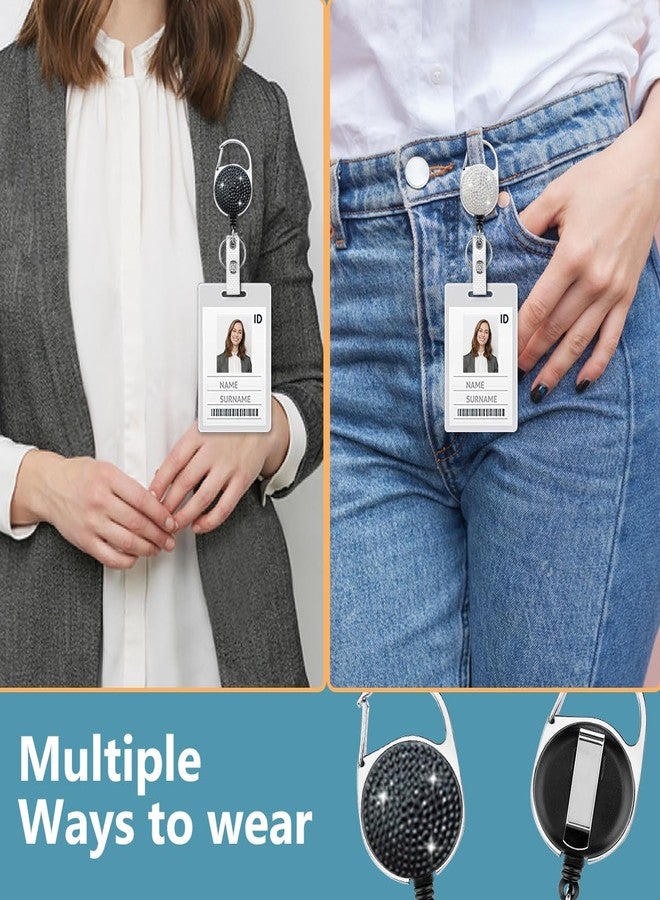 HASFINE 2 Pack Retractable Badge Reel with 360°Rotating Carabiner Belt Clip and Key Ring - Sparkly Rhinestone ID Badge Holder for Work Staff, Nurses, Students, Teachers (Round Black & White) - Image 2