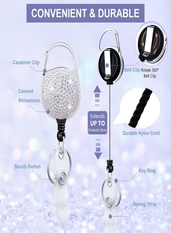 HASFINE 2 Pack Retractable Badge Reel with 360°Rotating Carabiner Belt Clip and Key Ring - Sparkly Rhinestone ID Badge Holder for Work Staff, Nurses, Students, Teachers (Round Black & White) - Image 3
