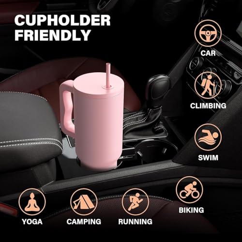 JUGTE 1200ML Stainless Steel Tumbler Hot and Cold with Handle and Lid 1 Straw Double Insulated Cup 100% Leak Proof Mug Cup Holder for Gym Travelling (Pink Mist) - Image 4