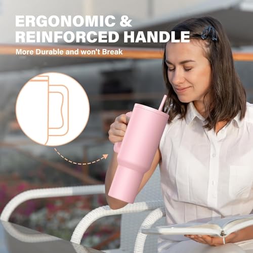 JUGTE 1200ML Stainless Steel Tumbler Hot and Cold with Handle and Lid 1 Straw Double Insulated Cup 100% Leak Proof Mug Cup Holder for Gym Travelling (Pink Mist) - Image 3