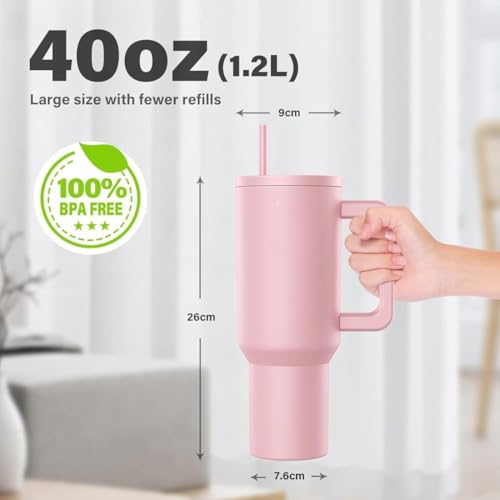 JUGTE 1200ML Stainless Steel Tumbler Hot and Cold with Handle and Lid 1 Straw Double Insulated Cup 100% Leak Proof Mug Cup Holder for Gym Travelling (Pink Mist) - Image 5