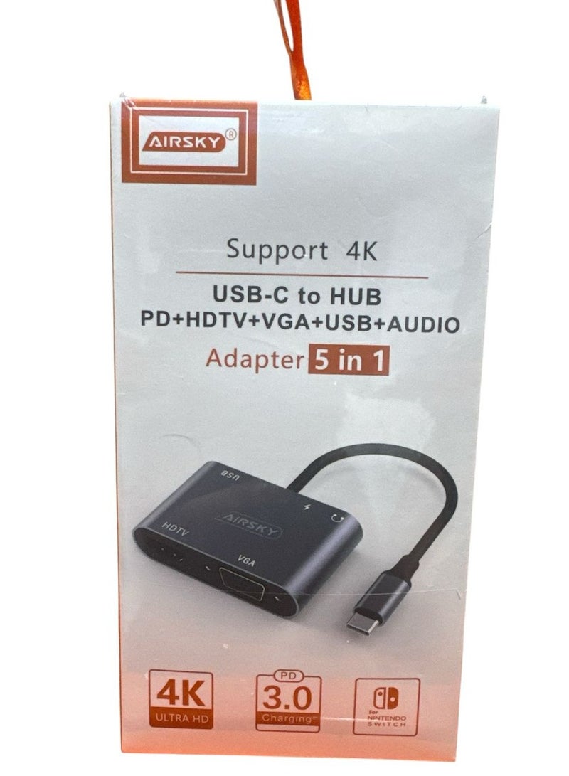 Airsky تحويله 5 في 1 من تايب سي الى اتش دي و يوسبي وفي جي اي و سماعه وشاحن - Image 1