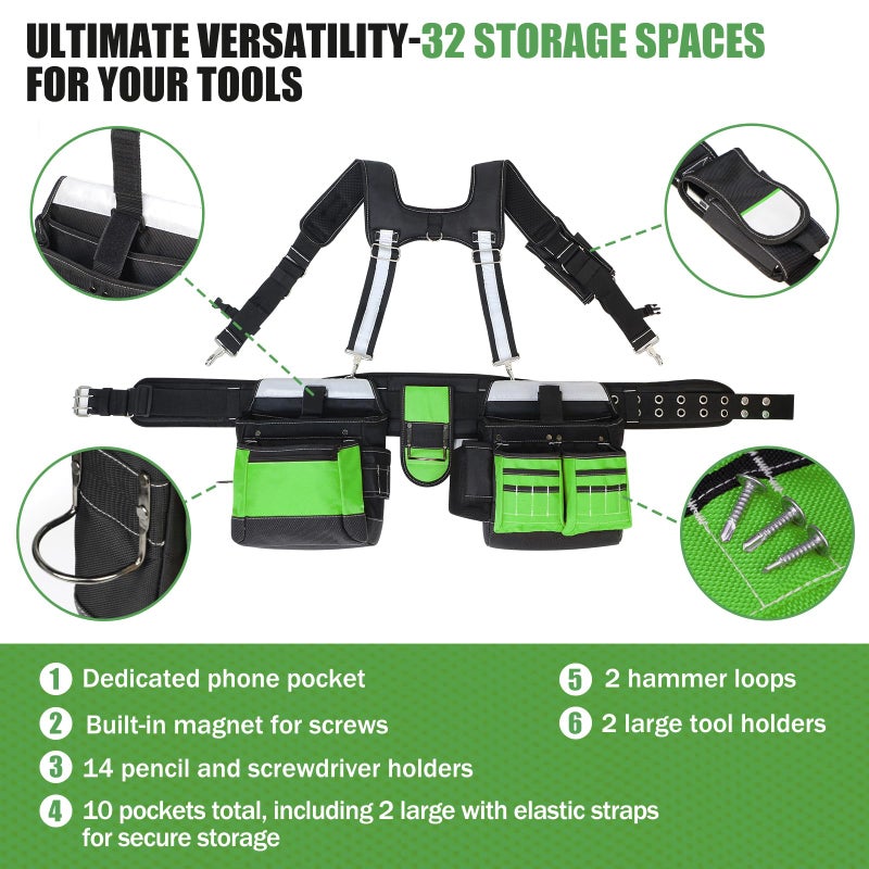 TooCust Tool Belt with Suspenders for Men, Heavy Duty Construction Tool Belt with 32 Pockets, 1680D Material, Reflective Strips for Safety, HVAC Toolbelt for Men - Image 2