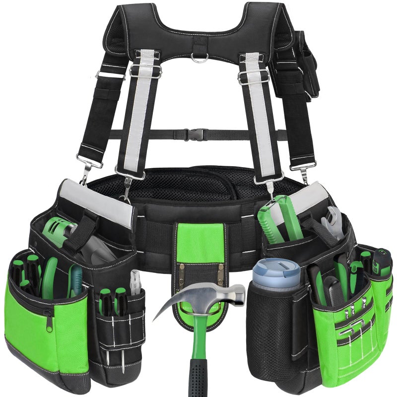 TooCust Tool Belt with Suspenders for Men, Heavy Duty Construction Tool Belt with 32 Pockets, 1680D Material, Reflective Strips for Safety, HVAC Toolbelt for Men - Image 1