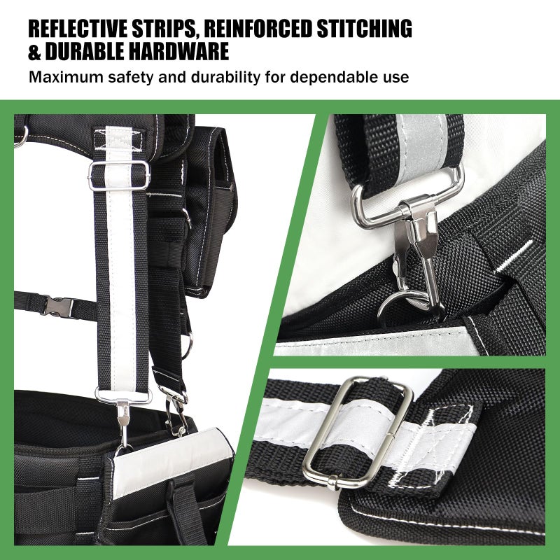 TooCust Tool Belt with Suspenders for Men, Heavy Duty Construction Tool Belt with 32 Pockets, 1680D Material, Reflective Strips for Safety, HVAC Toolbelt for Men - Image 5