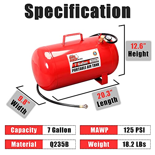BIG RED T88007 Torin Portable Horizontal Air Tank with 36" Hose, 7 Gallon Capacity, Red - Image 3