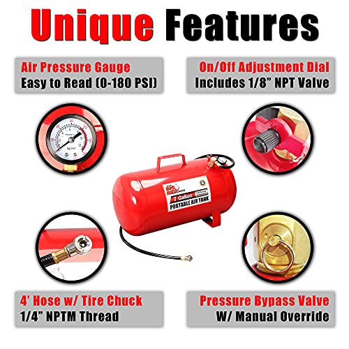 BIG RED T88007 Torin Portable Horizontal Air Tank with 36" Hose, 7 Gallon Capacity, Red - Image 2