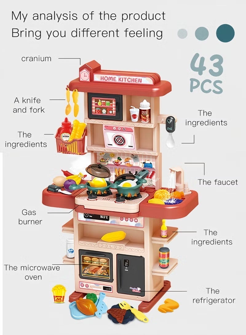 Kids Kitchen Playset 83cm High Kids Kitchen Toy Set Rich Realistic Details Include Steam Light Sound Play Sink Pretend Play Toys Kitchen Toys for Toddlers 43pcs Accessories Learning Gift for Girls & Boys Pretend Food Toys Ideal Gift for Kids Aged 3+ - Image 5
