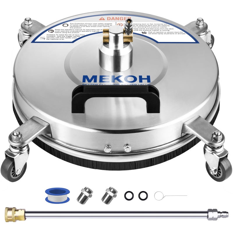 MEKOH 14" Pressure Washer Surface Cleaner 4500PSI, 4 Wheels Stainless Steel Power Washer Attachment for Driveway Sidewalk Patio Concrete, 1/4'' Quick-Connect, 1 Extension Wand & 2 Replacement Nozzles - Image 1