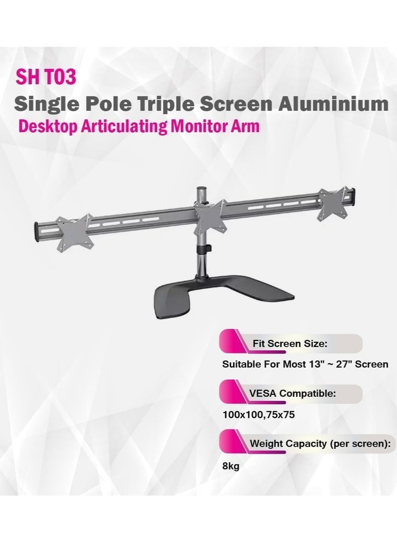 Skilltech SH T03, Single Pole Triple Screen Aluminium Desktop Articulating Monitor Arm, Max.Capacity (per screen): 8kg, Max vesa 100x100, Matte Black, Monitor Mount - Image 2