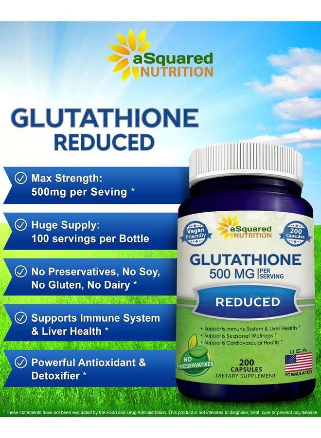 aSquared Nutrition Reduced Glutathione 500mg Per Serving Supplement -200 Capsules -L-Glutathione Antioxidant to Support Liver Health & Detox - Max Strength Powder Pills to Help Immune & Brain Function - Image 2