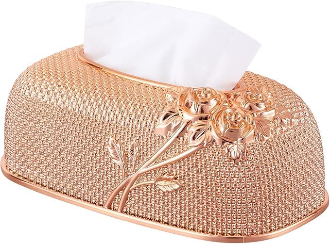 TENDULA Vintage Gold Tissue Box Holder,Luxury Facial Napkin Holder,Toilet Paper Holder for Home Office Bathroom Car Automotive Decor. (Rose Oval Tissue) - Image 1