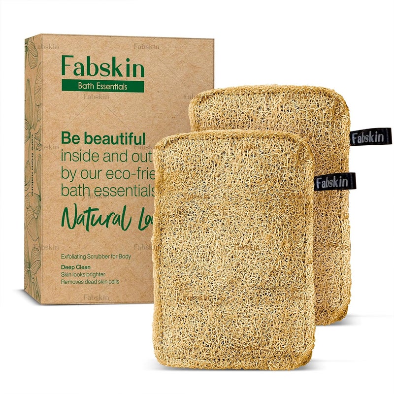 Fabskin لوفاة فاب سكين الطبيعية العضوية المجففة بالشمس | إسفنجة وكاشطة للجسم للرجال والنساء | لوفا عضوية للاستحمام وتقشير البشرة (عبوة من 2) - Image 1