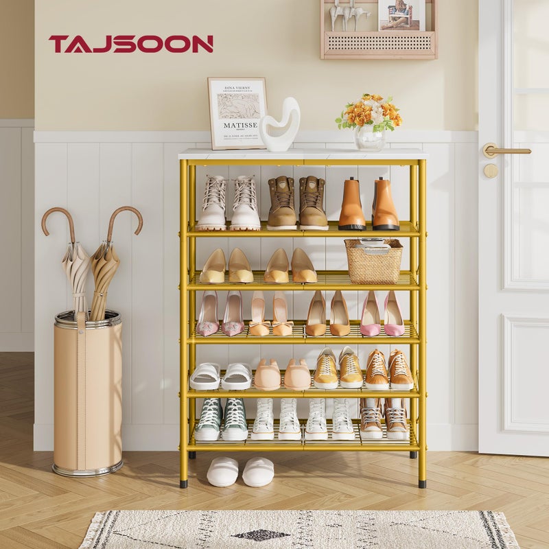 Tajsoon 6 Tier Shoe Rack Organizer for 20-24 Pairs of Shoes, Metal Mesh Shoe Shelf for Closet, Industrial Shoe Rack for Entryway Shoe Storage with X Shape Fixed Frame, White & Gold - Image 5