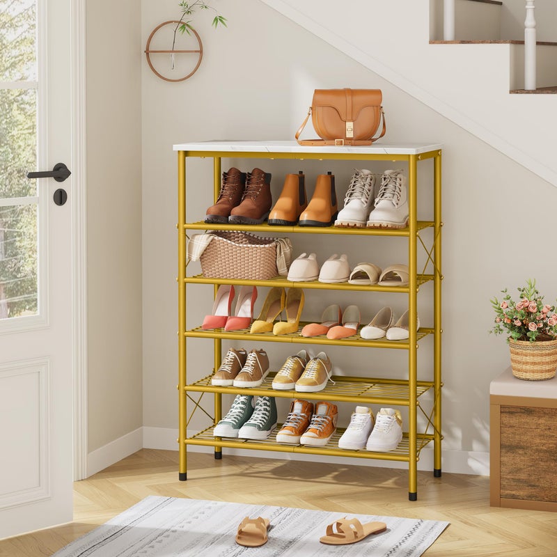 Tajsoon 6 Tier Shoe Rack Organizer for 20-24 Pairs of Shoes, Metal Mesh Shoe Shelf for Closet, Industrial Shoe Rack for Entryway Shoe Storage with X Shape Fixed Frame, White & Gold - Image 2
