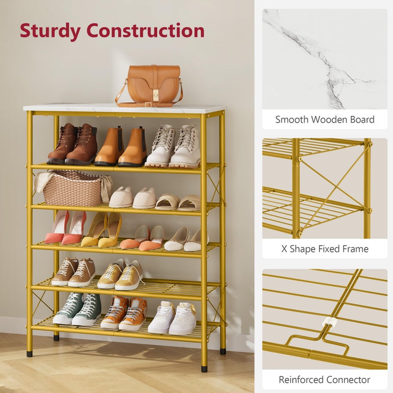 Tajsoon 6 Tier Shoe Rack Organizer for 20-24 Pairs of Shoes, Metal Mesh Shoe Shelf for Closet, Industrial Shoe Rack for Entryway Shoe Storage with X Shape Fixed Frame, White & Gold - Image 4
