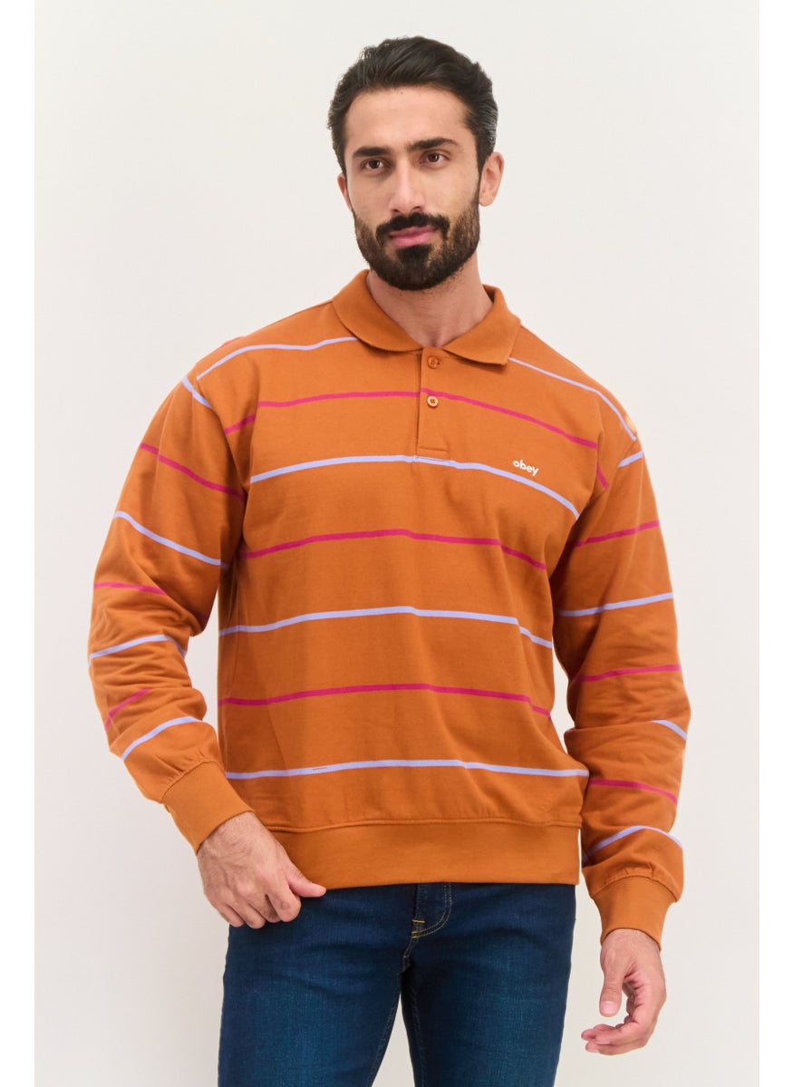 OBEY Men Regular Fit Long Sleeve Stripe Polo Shirt, Brown  - Image 1