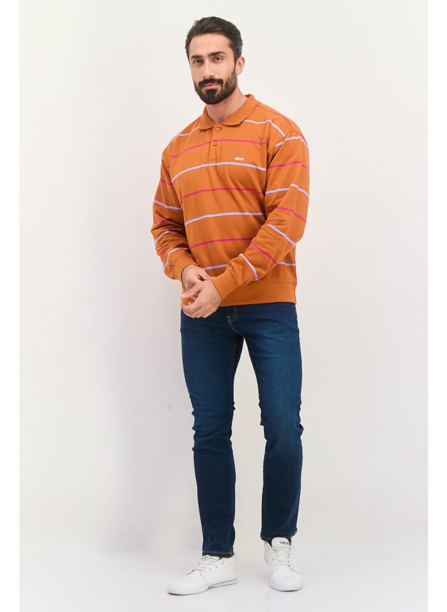 OBEY Men Regular Fit Long Sleeve Stripe Polo Shirt, Brown  - Image 4