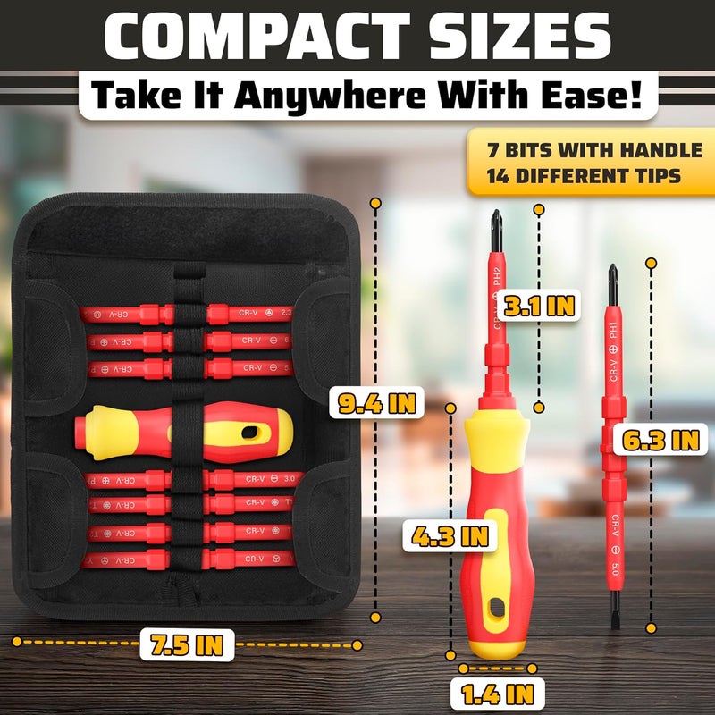 Reluen 14 Tips Multi Bit Screw Driver Kit - Valentines Day Gift for Him Screwdriver Set in Case for Various Uses, Head Types (Crosshead, Slotted, 6-Point, Square, Hexagonal), Magnetic Tips & Insulated Cover - Image 3