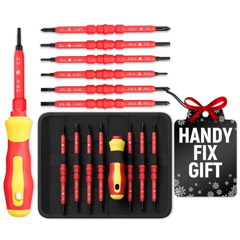 Reluen 14 Tips Multi Bit Screw Driver Kit - Valentines Day Gift for Him Screwdriver Set in Case for Various Uses, Head Types (Crosshead, Slotted, 6-Point, Square, Hexagonal), Magnetic Tips & Insulated Cover - Image 1