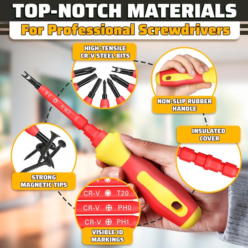 Reluen 14 Tips Multi Bit Screw Driver Kit - Valentines Day Gift for Him Screwdriver Set in Case for Various Uses, Head Types (Crosshead, Slotted, 6-Point, Square, Hexagonal), Magnetic Tips & Insulated Cover - Image 4
