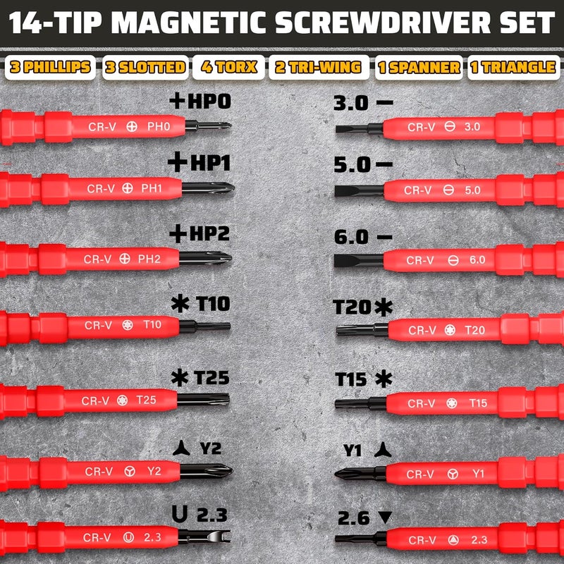 Reluen 14 Tips Multi Bit Screw Driver Kit - Valentines Day Gift for Him Screwdriver Set in Case for Various Uses, Head Types (Crosshead, Slotted, 6-Point, Square, Hexagonal), Magnetic Tips & Insulated Cover - Image 2