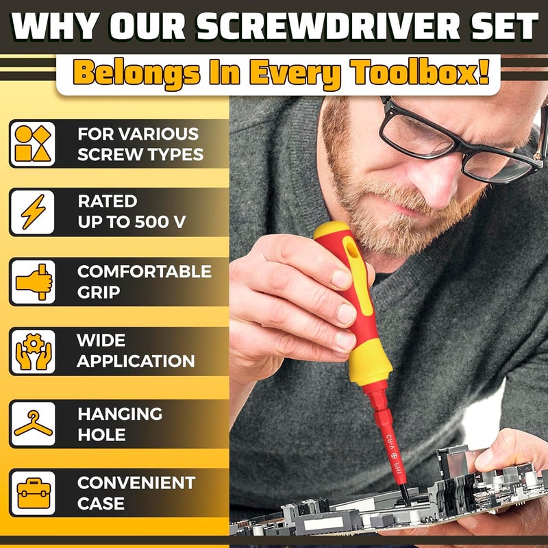 Reluen 14 Tips Multi Bit Screw Driver Kit - Valentines Day Gift for Him Screwdriver Set in Case for Various Uses, Head Types (Crosshead, Slotted, 6-Point, Square, Hexagonal), Magnetic Tips & Insulated Cover - Image 5